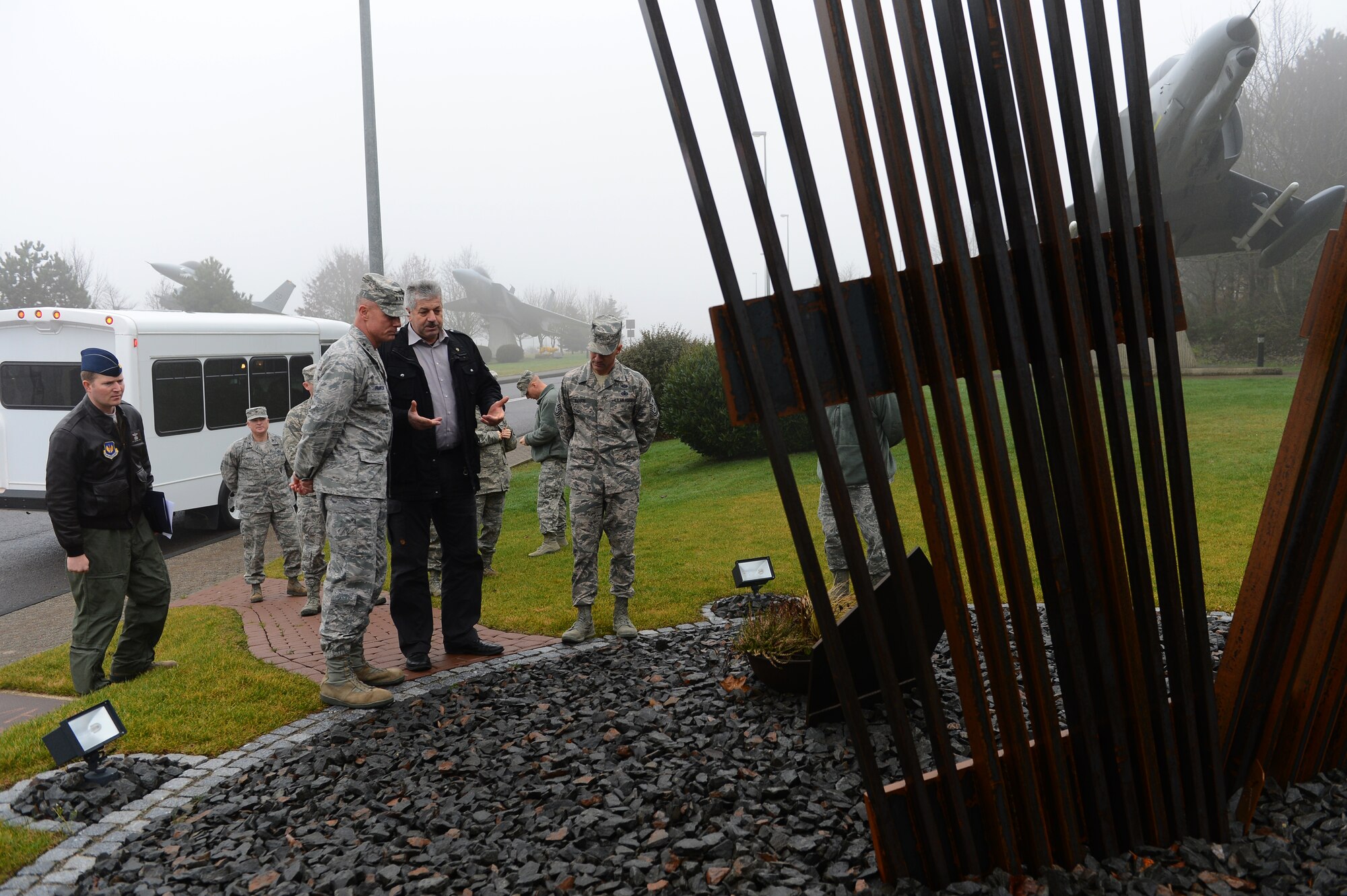 SPANGDAHLEM AIR BASE, Germany - Klaus Rodens, Spangdahlem mayor, presents the 9/11 memorial to U.S. Air Force Lt. Gen. Craig A. Franklin, 3rd Air Force commander, during Franklin's visit, Jan. 10, 2013. Franklin met with Mayor Rodens to talk about local partnerships and community events. (U.S. Air Force photo by Airman 1st Class Dillon Davis/Released)