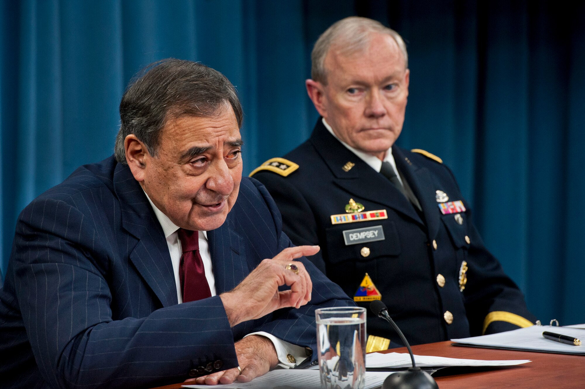 Defense Secretary Leon E. Panetta and Army Gen. Martin E. Dempsey, chairman of the Joint Chiefs of Staff, brief the press at the Pentagon, Jan. 10, 2013. Panetta and Dempsey discussed the effects of sequestration if it were to take effect at the end of March. DOD photo by Erin Kirk-Cuomo 
