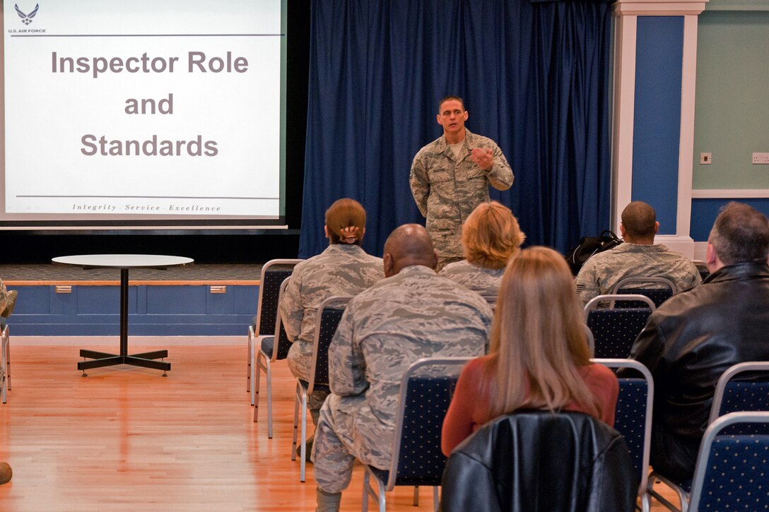 RAF ALCONBURY, United Kingdom – Master Sgt. Travis Martin, U.S Air Forces in Europe Inspector General certified instructor, teaches the basic inspector course at the RAF Alconbury Community Activities Center Jan. 10. More than 60 members of the 501st Combat Support Wing and 48th Fighter Wing attended the one-day training on inspection processes and methodologies so they can perform unit and special inspections on behalf of the wing commander as part of the Commander's Inspection Program under the new Air Force Inspection System. (U.S. Air Force photo by Staff Sgt. Brian Stives)