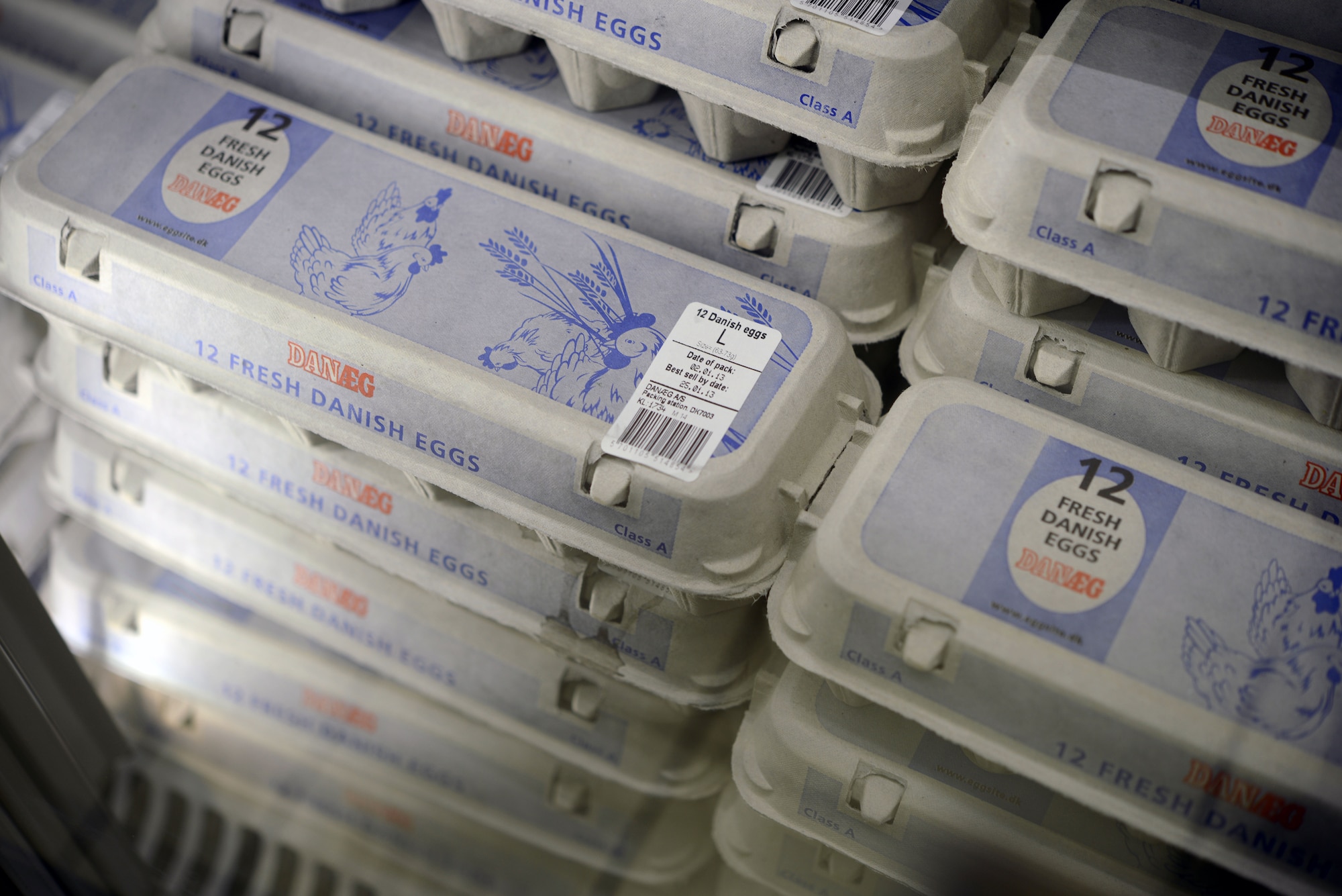 Danish eggs at the Aviano Air Base Commissary display both “Date of pack” and “Best sell by date,” Jan. 9, 2013. According to the Food and Drug Administration, fresh eggs are good for four to five weeks in the refrigerator but the FDA does not recommend freezing them. (U.S. Air Force photo/ Senior Airman Jessica Hines)