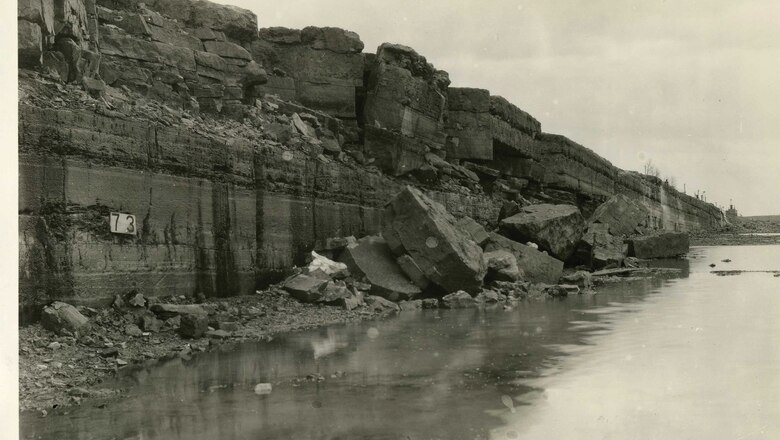 The bottom of the dewatered Livingstone Channel features formidable bedrock and limestone formations in this 1933 photo.