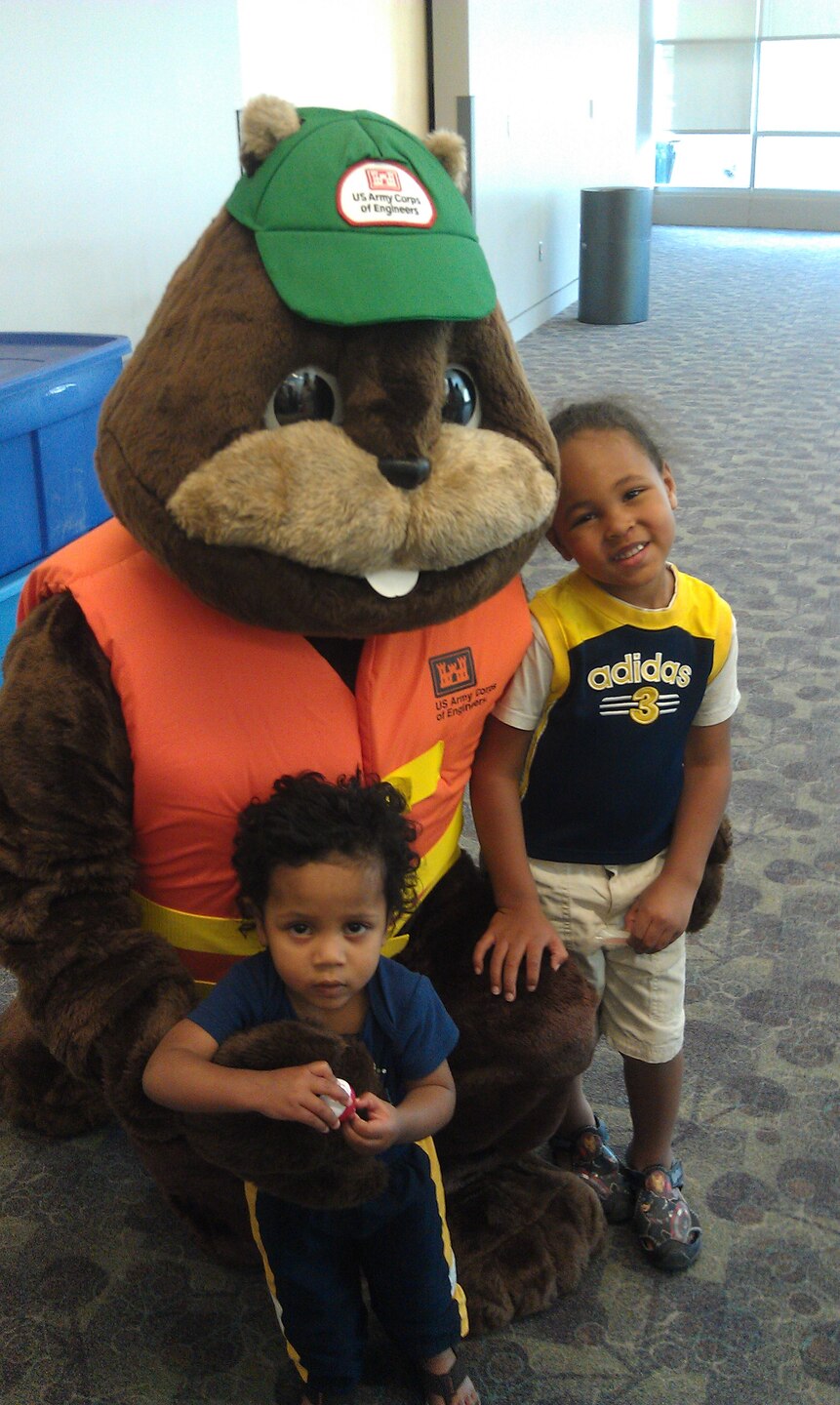 Buddy the Beaver meets some children attending the SAFE Event, held June 2, 2012 at the Omaha Kroc Center. SAFE stands for Safety Awareness Fitness & Education