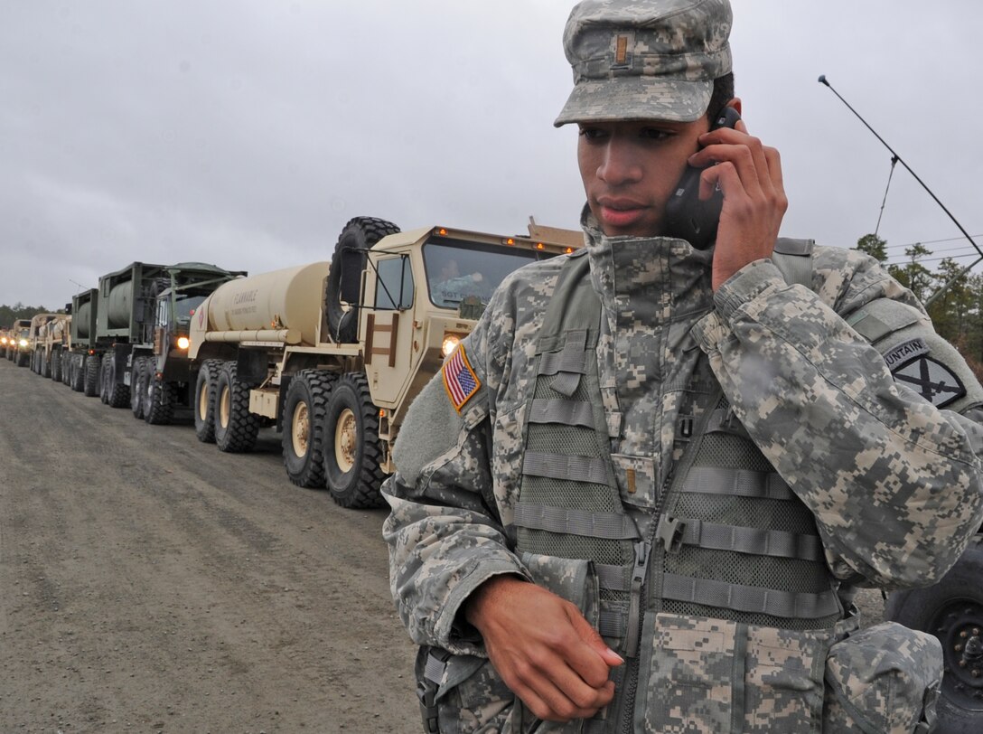 Army 2nd Lt. Mark Myers, 710th Brigade Support Battalion convoy commander, speaks to the tactical operations center as he and his fellow 10th Mountain Division soldiers prepare to leave Joint Base McGuire-Dix-Lakehurst, N.J., after providing relief following Hurricane Sandy, Nov. 13, 2012. Myers’ unit provided thousands of gallons of diesel and gasoline to first responders, civil authorities and defense department vehicles in New York and New Jersey, working under the command of a dual-status commander, Army Brig. Gen. Michael Swezey. U.S. Air Force photo by Staff Sgt. David Carbajal