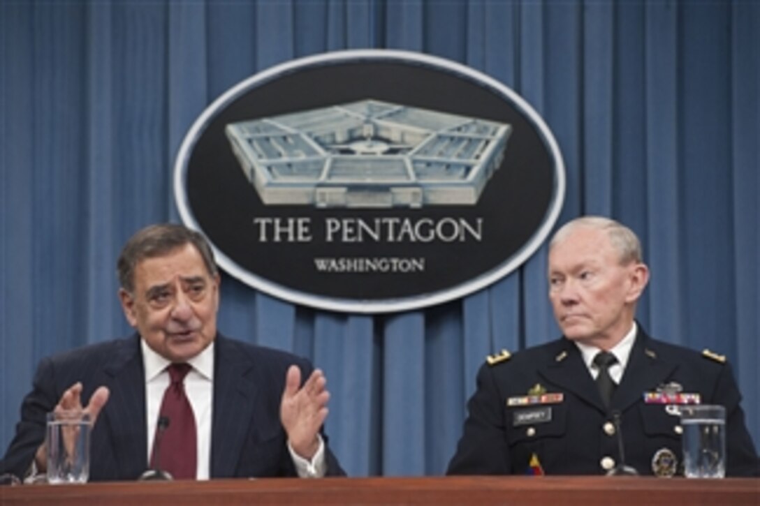 Secretary of Defense Leon E. Panetta and Chairman of the Joint Chiefs of Staff Gen. Martin E. Dempsey brief the press in the Pentagon on Jan. 10, 2013.  Panetta and Dempsey described in-depth the drastic effects of sequestration on the Department of Defense should it take effect at the end of March.  