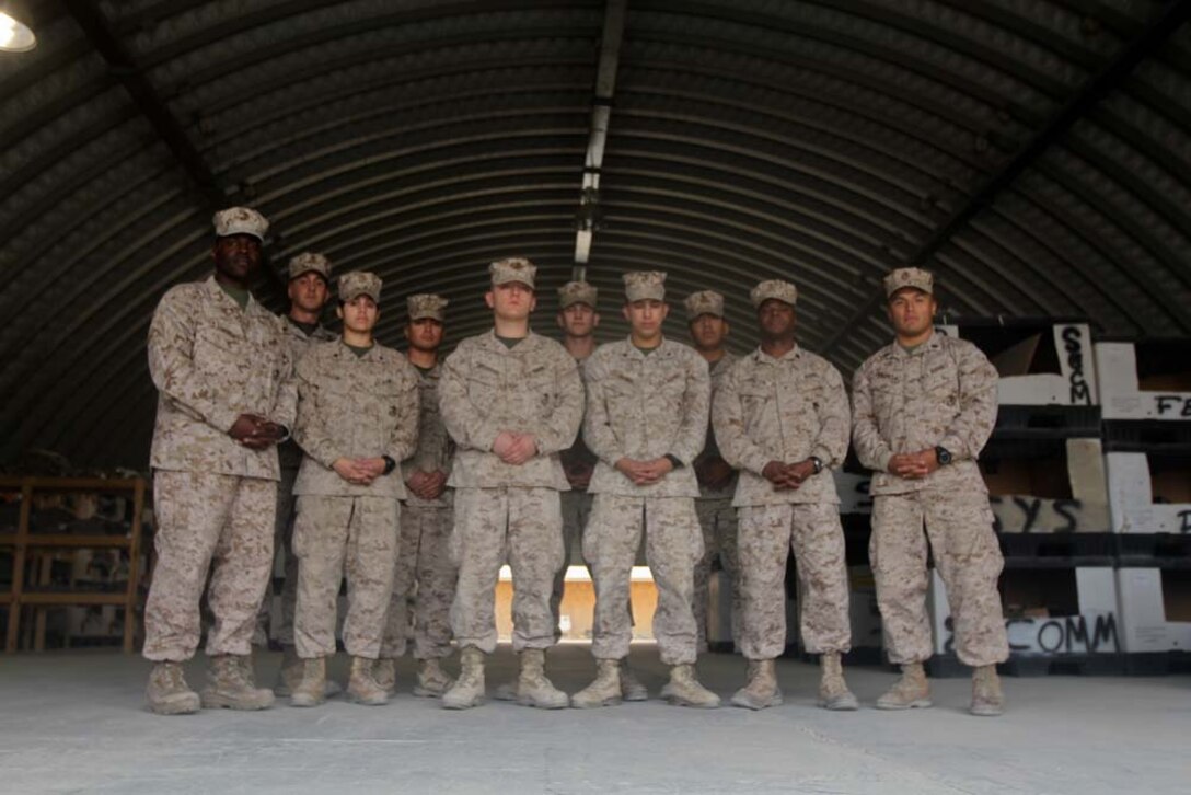 Ten Marines made up the supply shop with I Marine Expeditionary Force Headquarters Group (Forward), in Helmand province, Afghanistan. The Marines retrograded more than 800 million pieces of equipment in addition to supplying more than 2,000 Marines with gear for the last year. After 12 months of work, the Marines handed over a consolidated memorandum receipt without any loss or unaccounted items.