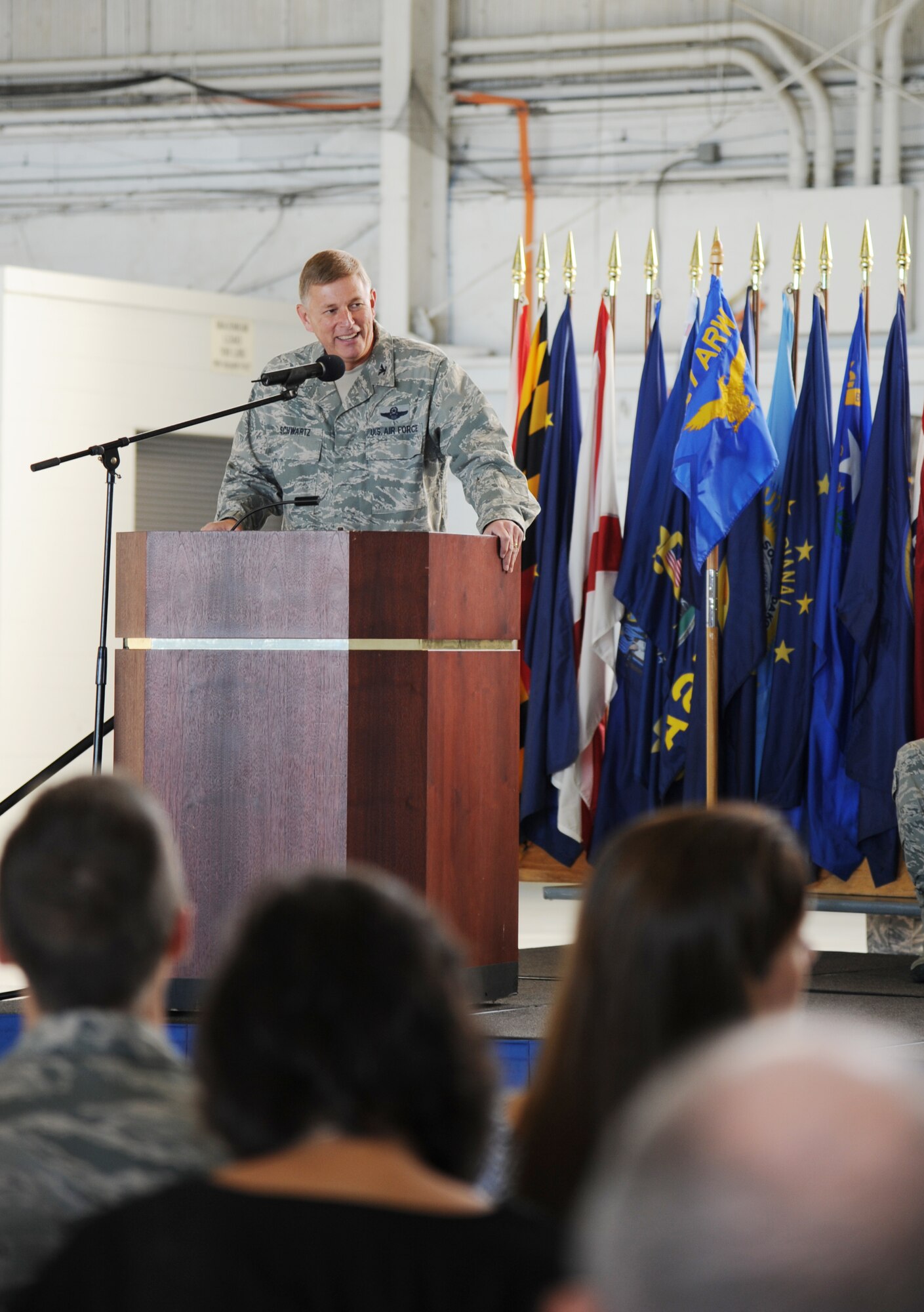 Colonel Douglas J. Schwartz, commander of the 927th Air Refueling Wing, speaks to an audience of family and friends during a change of command ceremony at MacDill Air Force Base, Florida, January 12, 2013.  Colonel Schwartz assumed command of the 927 ARW, a Reserve wing of more than 800 members. 