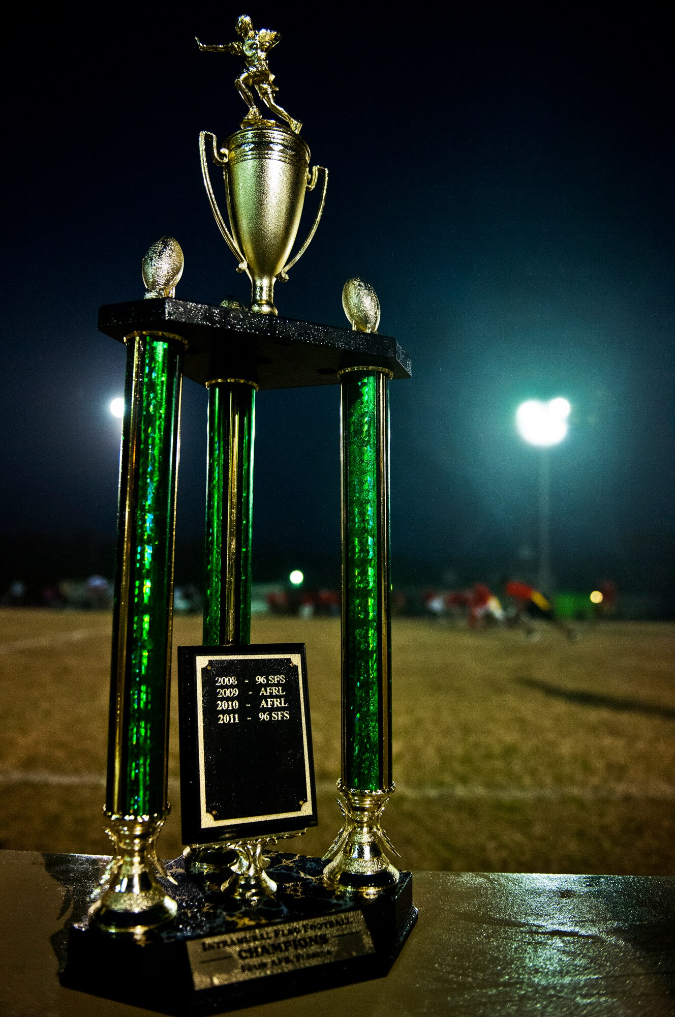 The base intramural flag-football championship trophy awaits the winner of the game between the Contracting Team and the 96th Medical Group Jan. 9 at Eglin Air Force Base, Fla.  The Medical Group won the game easily 33-16. (U.S. Air Force photo/Samuel King Jr.)
