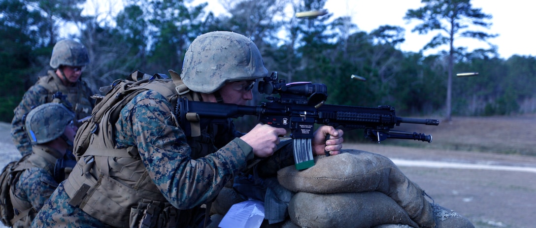 A student with Company D, Infantry Training Battalion – East student fires the M27 Infantry Automatic Weapon downrange while in the standing position aboard Marine Corps Base Camp Lejeune Jan. 9. Students had the opportunity to experience the feel of the IAR, will take the place of the M249 Squad Automatic Weapon within many infantry squads and fire teams in the near future.