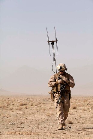 U.S. Marine Corps Lance Cpl. Bradley L. Coy, a machine gunner assigned to combined anti-armor team, Fox Company, 2nd Battalion, 7th Marine Regiment (Fox 2/7), operates a Wolfhound Hand Held Warning System near Combat Outpost Now Zad, Helmand province, Afghanistan, Dec. 29, 2012. Coy, originally from Bakersfield, Calif., deployed to Afghanistan with 2/7 in support of Operation Enduring Freedom. (U.S. Marine Corps photo by Cpl. Alejandro Pena/Released)