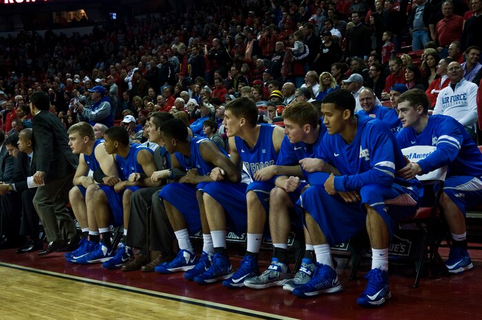 The U.S. Air Force Academy Falcons basketball team watches as their teammates play a close game against the University of Nevada Las Vegas, Jan. 12, 2013 at the Thomas and Mack Center in Las Vegas. The Falcons starting lineup contributed 59 points with 12 points coming from the bench. (U.S. Air Force photo by Senior Airman Daniel Hughes)