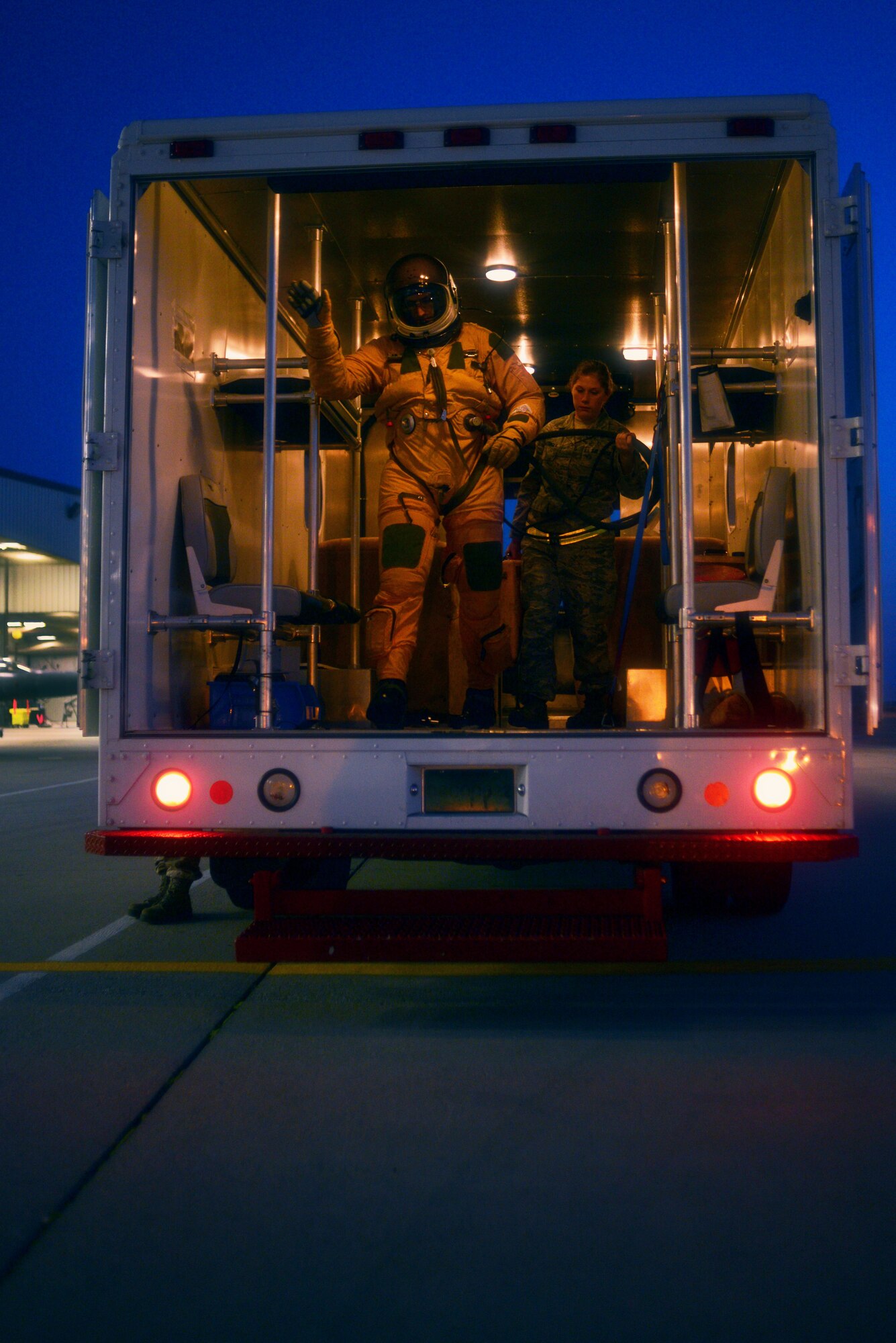 U-2 pilot Capt. Travis prepares to exit a physiological support vehicle on the flightline Jan. 8, 2013, at Beale Air Force Base, Calif. Beale is home to the Air Force’s fleet of 33 U-2 high-altitude Intelligence, Surveillance and Reconnaissance aircraft. (U.S. Air Force photo by Airman 1st Class Drew Buchanan/Released)