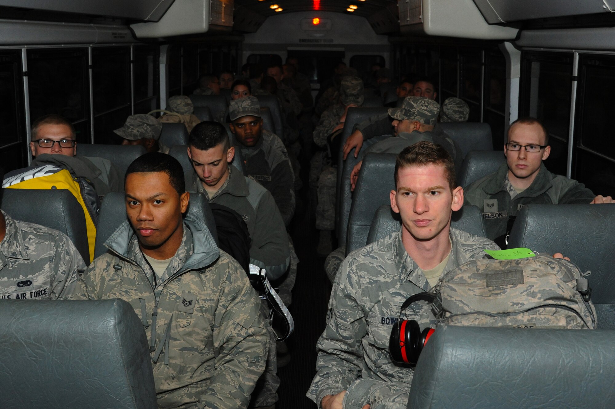 U.S. Air Force Airmen of the 94th Air Maintenance Unit wait to depart on a deployment at Langley Air Force Base, Va., Jan. 8, 2013. The deployment to Kadena Air Base, Japan is in support of the U.S. Pacific Command’s security obligations in the Western Pacific. (U.S. Air Force photo by Airman 1st Class Victoria Taylor/Released)