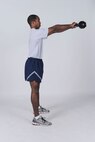 Kettlebell swing
Grab a kettlebell with an overhand grip and hold it at arm?s length. Bend hips and knees, then lower torso until it forms a 45-degree angle to the floor. Swing the kettlebell between legs, keeping arms straight, while thrusting hips forward. Straighten knees and swing the kettlebell up to chest level while rising to standing position. Repeat pattern for all reps. ( U.S. Air Force photo by Don Lindsey )
