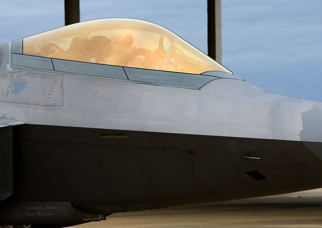 An F-22 Raptor prepares for takeoff at Langley Air Force Base, Va., Jan. 11, 2013.  The F-22 will deploy to Kadena Air Base, Japan, to demonstrate the continued U.S. commitment to fulfill security responsibilities to maintain peace throughout the Western Pacific. (U.S. Air Force photo by Senior Airman Kayla Newman/Released)