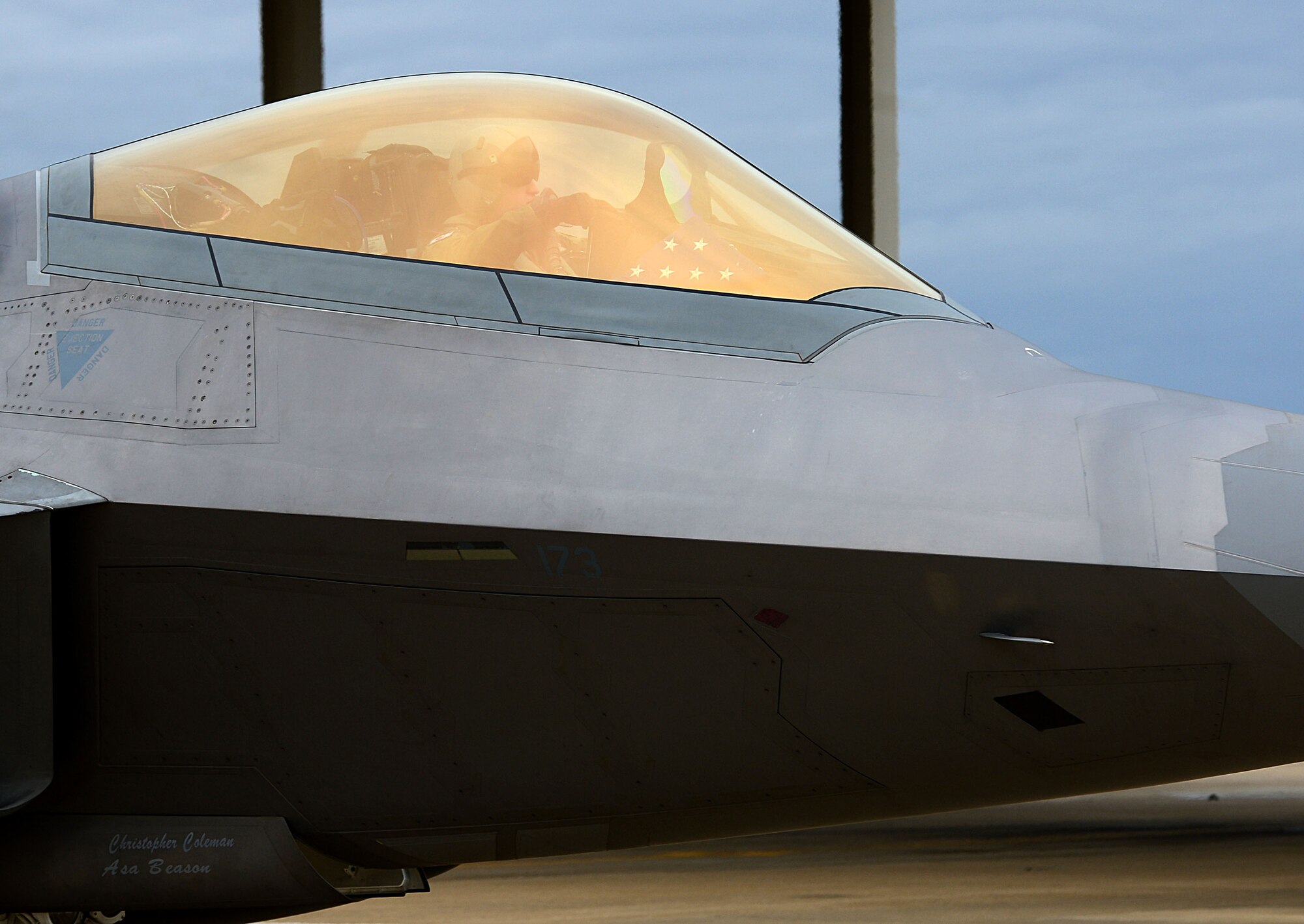 An F-22 Raptor prepares for takeoff at Langley Air Force Base, Va., Jan. 11, 2013.  The F-22 will deploy to Kadena Air Base, Japan, to demonstrate the continued U.S. commitment to fulfill security responsibilities to maintain peace throughout the Western Pacific. (U.S. Air Force photo by Senior Airman Kayla Newman/Released)