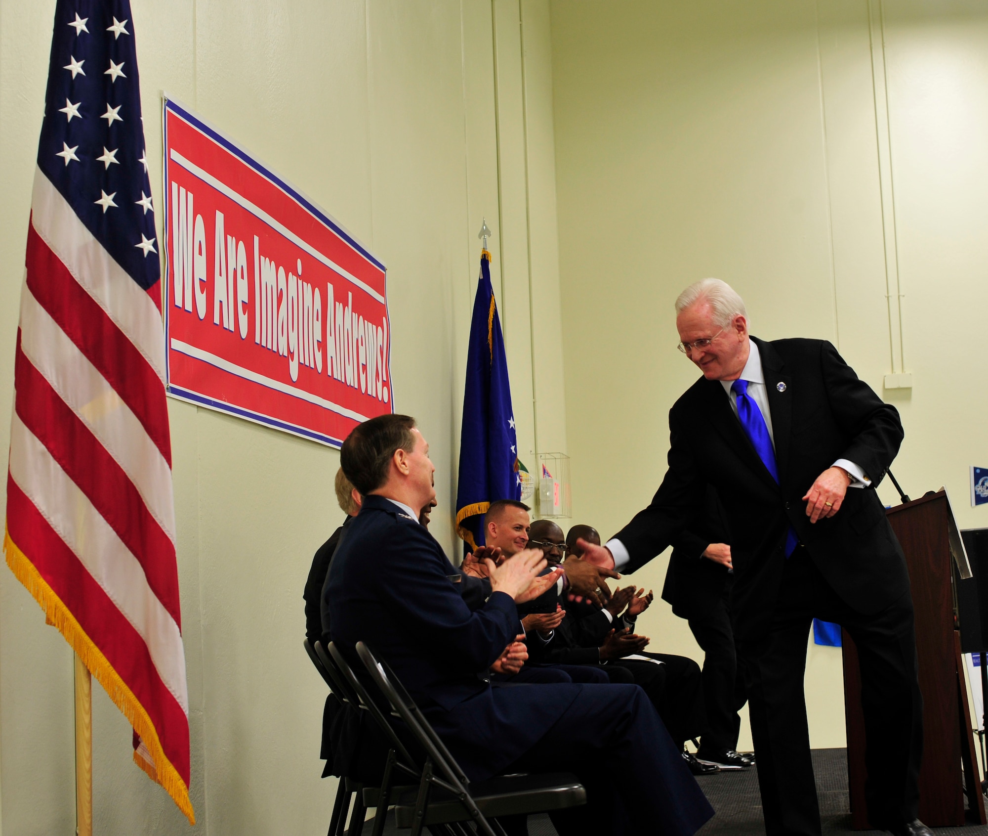 Mr. James R. Estepp, Imagine Andrews Board President, speaks at the newly opened public charter school, Jan. 14, 2013 on Joint Base Andrews, Md. The new building provides larger classrooms, a multi-purpose room, as well as a media and music room. (U.S. Air Force photo/ Airman 1st Class Erin O’Shea) 