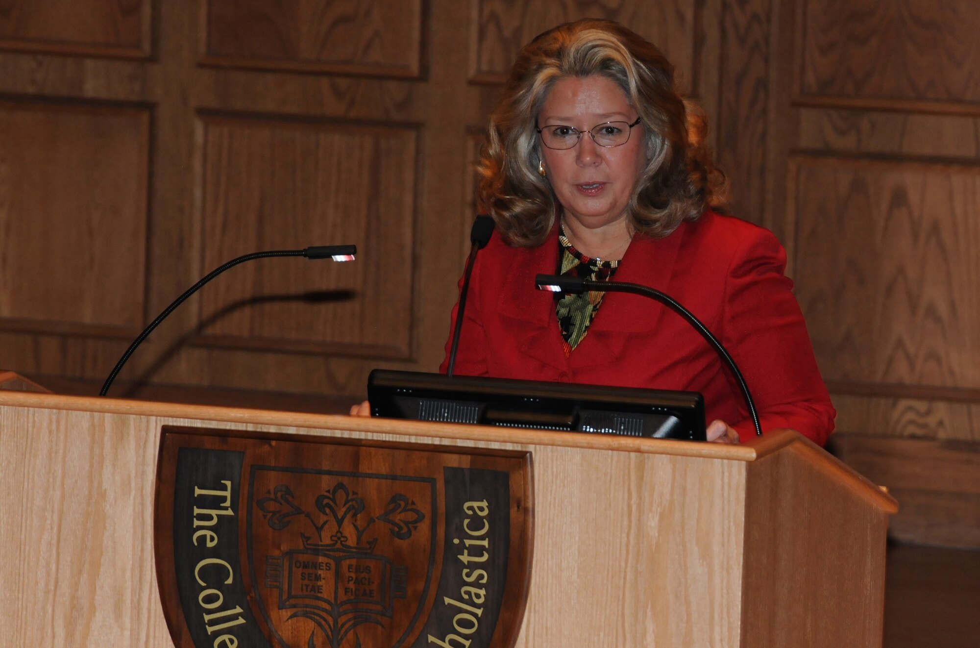 Minnesota Lieutenant Governor Yvonne Prettner Solon addesses Northeastern Minnesota employers during a veteran employment seminar held at the College of Saint Scholastica in Duluth, Minn. on Jan 11, 2013.  The seminar was held to discuss barriers and possible solutions to hiring and retaining veterans.  (National Guard photo by Master Sgt. Ralph J. Kapustka/Released)