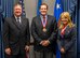 Secretary of the Air Force Michael Donley (left) along with the daughter of Fisher Foundation CEO and Chairman Ken Fisher, Crystal Fisher (right) presented the 2011 Zachary and Elizabeth Fisher Distinguished Civilian Humanitarian Service Award to Chris Sehman during a ceremony held in the Pentagon, Washington, D.C., Jan. 10, 2013. Sehman distinguished himself as a local community and business leader in the Florida Emerald Coast area. He served as an Honorary Commander for the 36th Electronic Warfare Squadron at Eglin Air Force Base, and the 1st Special Operations Wing at Hurlburt Field, Fla., and was a staunch advocate for the Special Operations Warrior Foundation and Wounded Warrior Program. Sehman helped to generate several hundred thousand dollars through fund raising efforts that directly benefited more than 30,000 military members and their families living and serving throughout the Florida panhandle area. (U.S. Air Force photo/Jim Varhegyi)