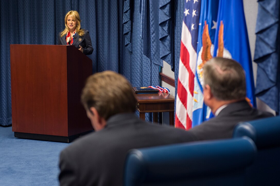 The daughter of Fisher Foundation Chairman and CEO, Crystal Fisher, provides remarks during the  2011 Zachary and Elizabeth Fisher Distinguished Civilian Humanitarian Service Award ceremony held in the Pentagon, Washington, D.C., on Jan. 10, 2013. Secretary of the Air Force Michael Donley presented the award to Chris Sehman, who distinguished himself as a local community and business leader in the Florida Emerald Coast area. He served as an Honorary Commander for the 36th Electronic Warfare Squadron at Eglin Air Force Base, and the 1st Special Operations Wing at Hurlburt Field, Fla., and was a staunch advocate for the Special Operations Warrior Foundation and Wounded Warrior Program. (U.S. Air Force photo/Jim Varhegyi)