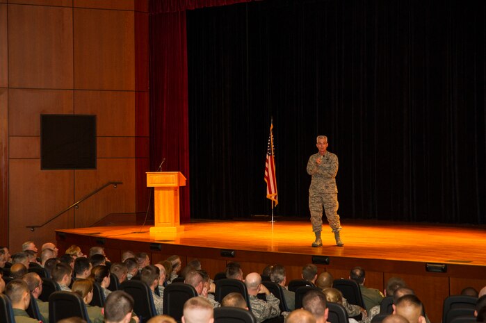 Gen. Paul  Selva, Air Mobility Command commander, speaks to Airmen during an All Call Jan. 7, 2013, at Joint Base Charleston – Air Base, S.C. General Paul J. Selva is Commander, Air Mobility Command, Scott Air Force Base, Ill. 
While in Charleston, Selva hosted an All Call for JB Charleston Airmen.
During the All Call, the general presented his three priorities for Mobility
Airmen: Executing the mission; Cultivating a caring and respectful
workplace; and Training Airmen.  (U.S. Air Force photo/Senior Airman George
Goslin)
