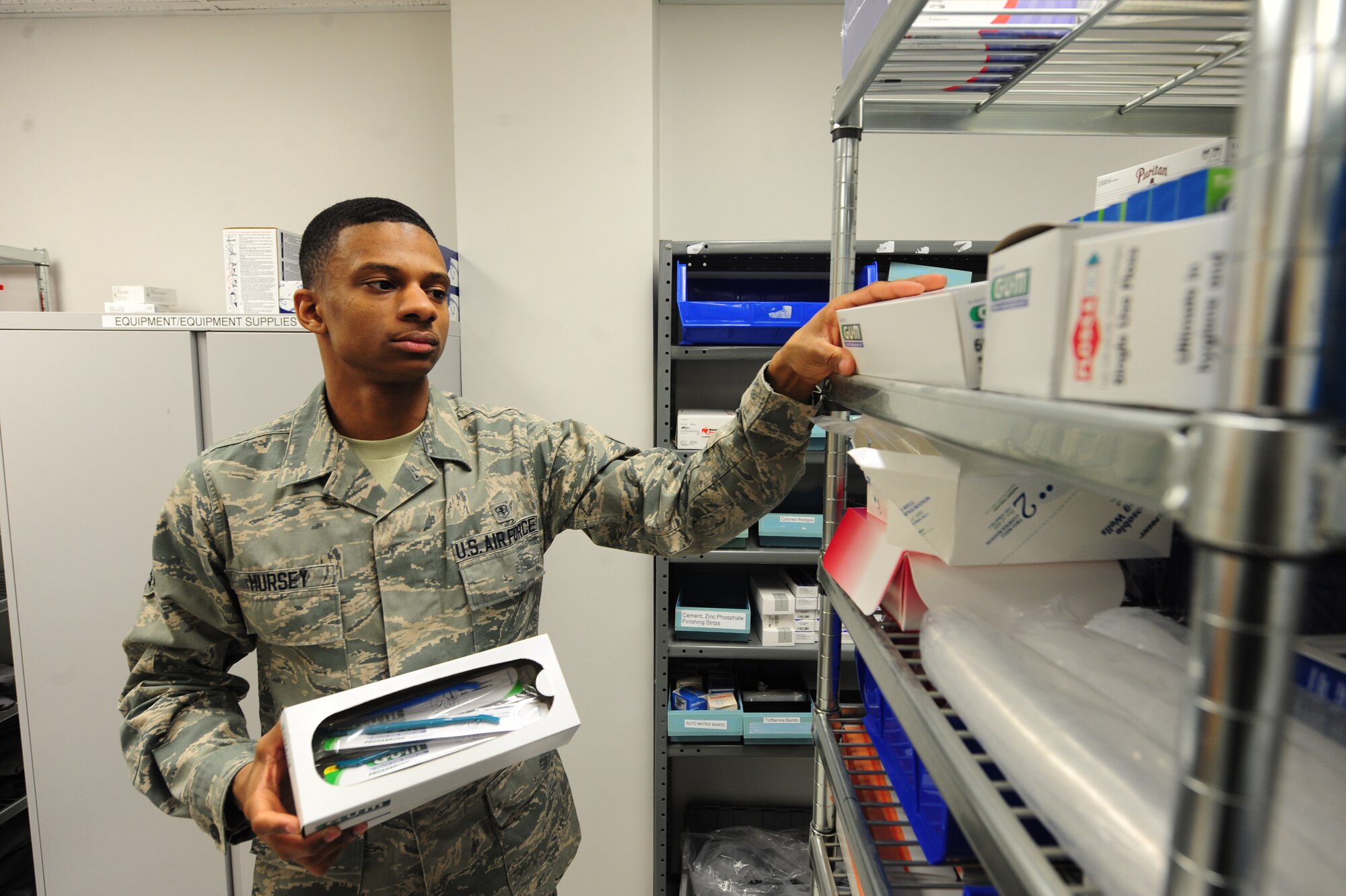 WHITEMAN AIR FORCE BASE, Mo. -- Airman 1st Class Isaiah Hursey, 509th Medical Support Squadron medical logistics customer service technician, performs a stock rotation on dental supplies, Jan. 7. The medical logistics flight provides direct equipment support to the dental flight valuing more than $12 thousand each year. (U.S. Air Force photo/Staff Sgt. Nick Wilson) (Released)