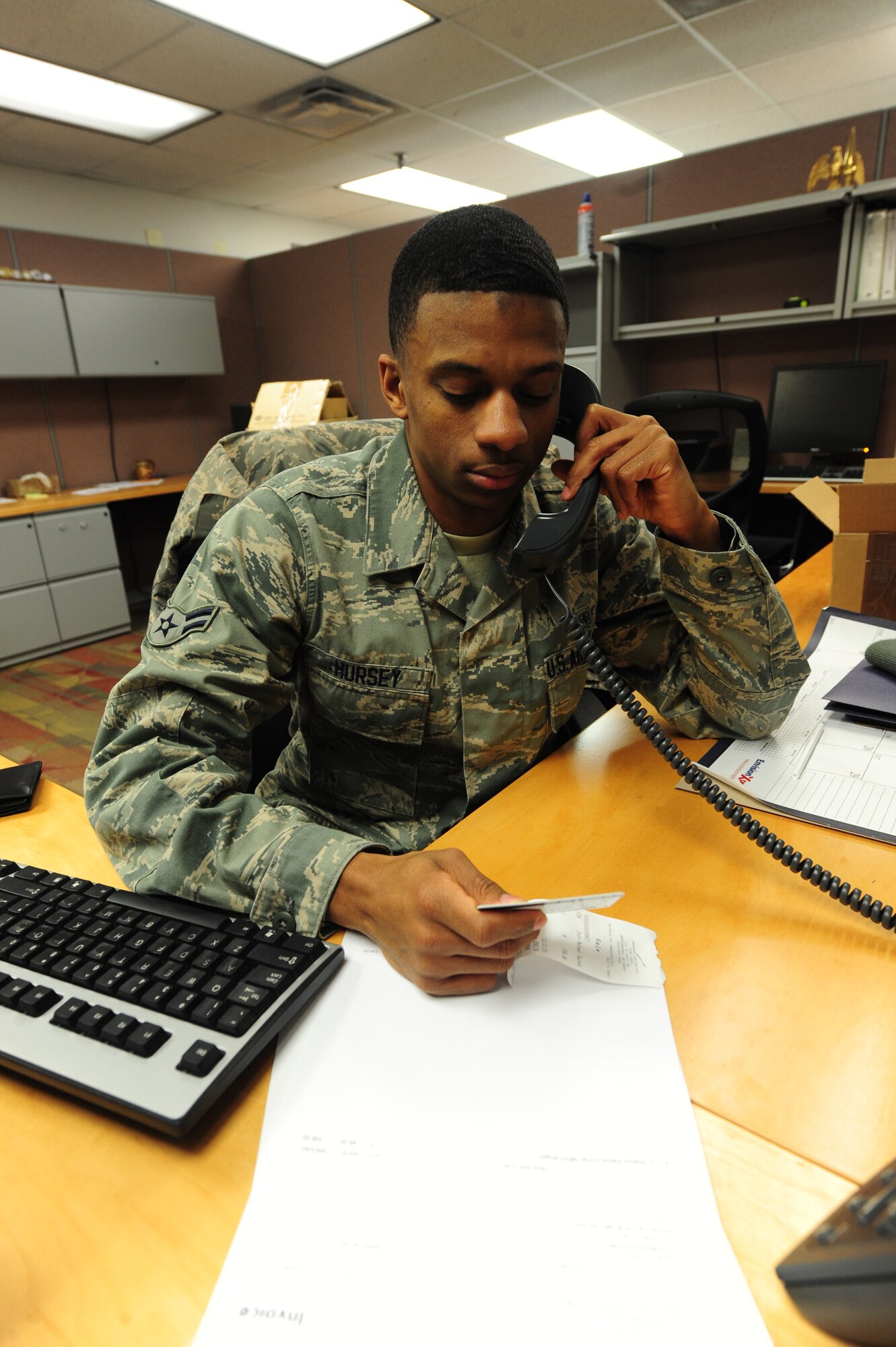 WHITEMAN AIR FORCE BASE, Mo. -- Airman 1st Class Isaiah Hursey, 509th Medical Support Squadron medical logistics customer service technician, uses a government purchase card to buy pharmaceutical supplies, Jan. 7. The 509th MDSS medical logistics flight purchases more than $4.4 million in pharmaceutical supplies each year. (U.S. Air Force photo/Staff Sgt. Nick Wilson) (Released)