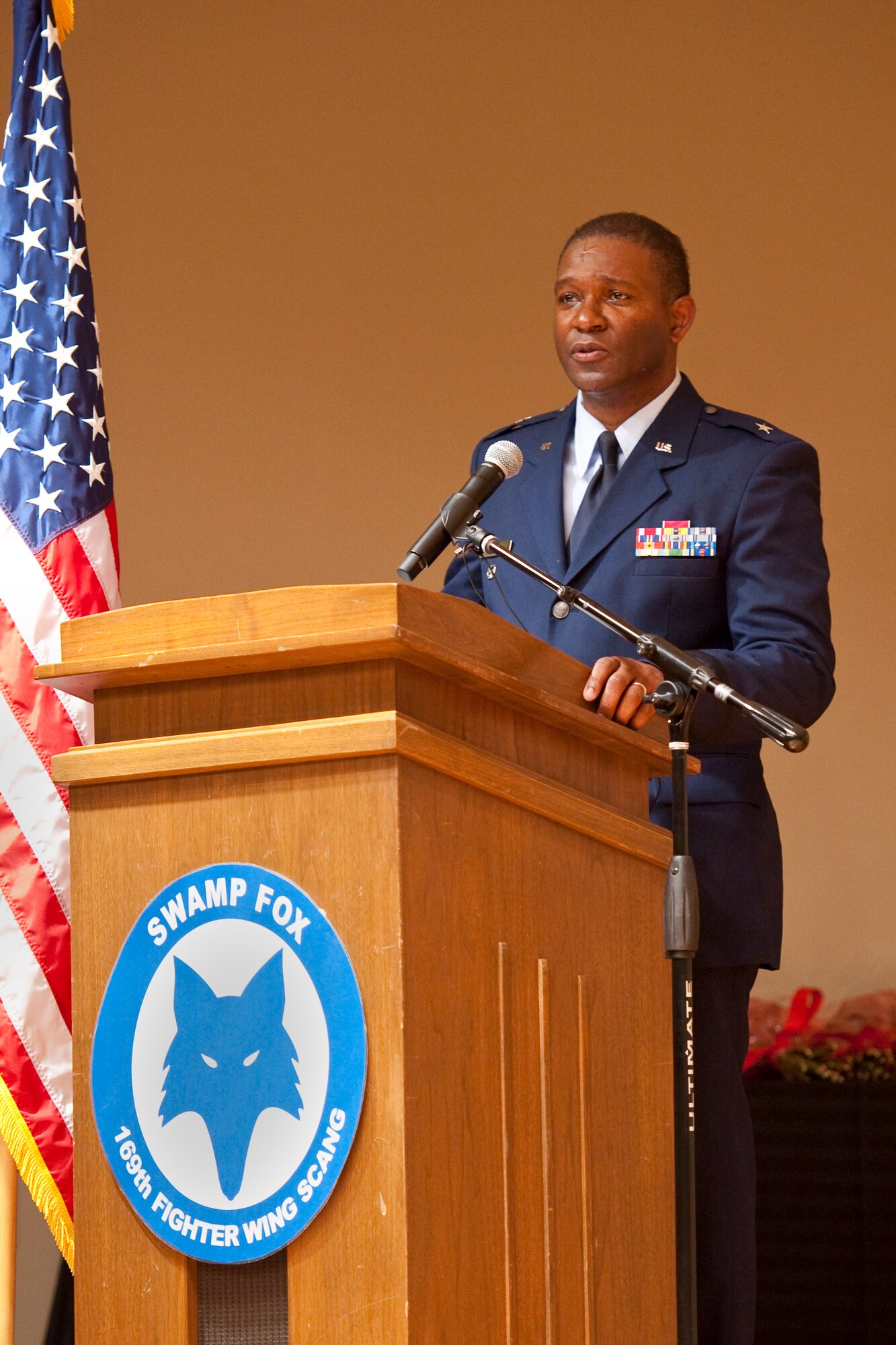 Newly promoted Brig. Gen. Calvin H. Elam makes his remarks during a ceremony at McEntire Joint National Guard Base on January 13, 2013. Elam becomes the South Carolina Air National Guard's first black general officer. Elam has served as the Assistant Adjutant General for Air for the South Carolina National Guard since January 2012. As a civilian, he is Chief Executive Officer for Elam Financial Group. (National Guard photo by Staff Sgt. Jorge Intriago/Released)