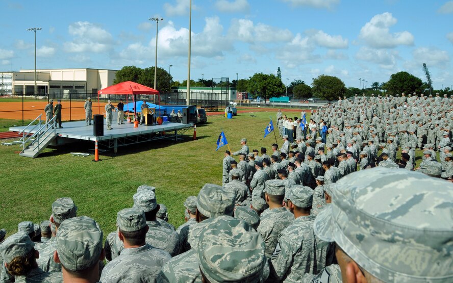 Airmen from Homestead Air Reserve Base, Fla., gathered for an Airmen Appreciation Day at the base, Jan. 12. The day featured a commander's call, an Airmen recognition ceremony, sporting events, food, and live music. (U.S. Air Force photo/Senior Airman Jacob Jimenez)