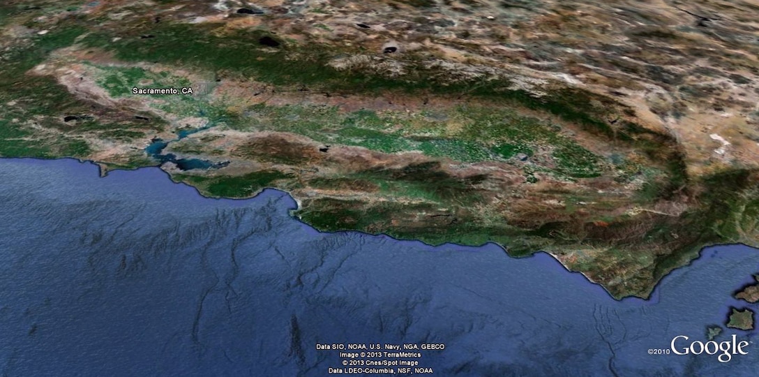 Looking eastward from over the Pacific, California’s Central Valley is carved out between coastal and western mountain ranges and includes some of the world’s most productive farmland.