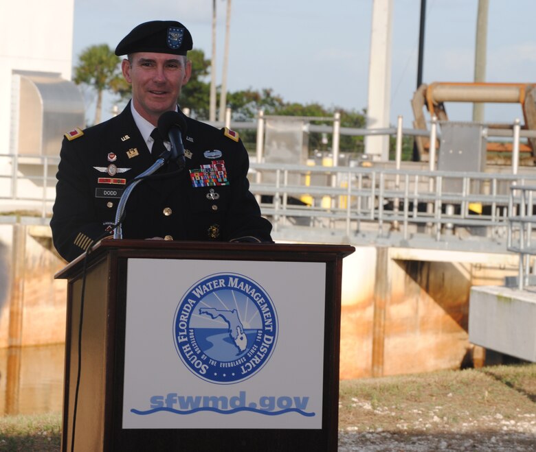Jacksonville District Commander Col. Alan Dodd, spoke alongside federal and state partners, at a dedication ceremony for the C-111 Spreader Canal Western Project in Homestead, Fla., hosted by the South Florida Water Management District Jan. 11, 2013.