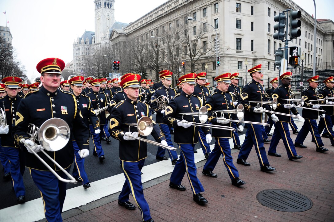 U.S. Army Band members march down Pennsylvania Avenue in Washington, D.C., Jan. 13, 2013, during a dress rehearsal for the Inauguration Day parade Jan. 21.