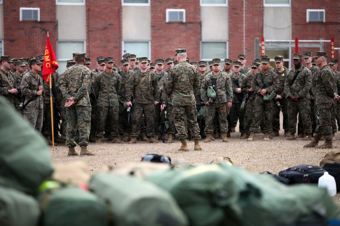 Marine Corps Base Camp Lejeune, N.C. - Marines with Special-Purpose Marine Air-Ground Task Force Africa recieve a fairwell speech from Brig. Gen. Burke Whitman, deputy commanding general of mobilization for II Marine Expeditionary Force and an Atlanta, Ga., native, here, Jan. 8, 2013.  Special-Purpose MAGTF Africa deployed to conduct theater security cooperation and limited crisis response missions in support of U.S. Africa Command.