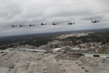 Pilots from all of the squadrons from Marine Aircraft Group 26 flew MV-22B Ospreys sporting their squadron and mascot on the tail in an echelon formation over the air station and the surrounding Jacksonville, N.C. area. For the first time in many years, all of the squadrons from MAG-26 were home aboard Marine Corps Air Station New River in more than a decade and this was done in honor of this rare event, Jan. 11.

