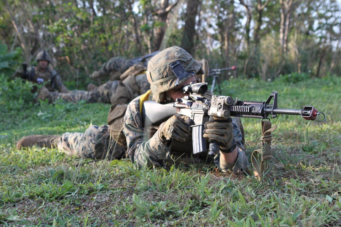 Lance Cpl. Justin C. Fisher, a rifleman from Company A., Battalion Landing Team 1st Battalion, 5th Marine Regiment, 31st Marine Expeditionary Unit and a native of Belton, Texas , provides suppressive fire for his fire team during a mechanized raid here, Jan 11. The raid was part of the 31st MEU’s pre-deployment training for the Spring Patrol 2013, where the Marines and Sailors are scheduled to participate in Exercise Cobra Gold, an annual multi-lateral exercise. The 31st MEU is the only continuously forward-deployed MEU and is the Marine Corps’ force in readiness in the Asia-Pacific region.