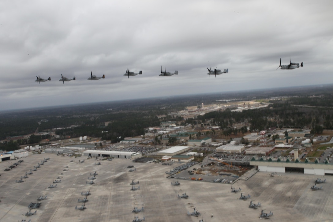 Pilots from all of the squadrons from Marine Aircraft Group 26 flew MV-22B Ospreys sporting their squadron and mascot on the tail in an echelon formation over the air station and the surrounding Jacksonville, N.C. area. For the first time in many years, all of the squadrons from MAG-26 were home aboard Marine Corps Air Station New River in more than a decade and this was done in honor of this rare event, Jan. 11.

