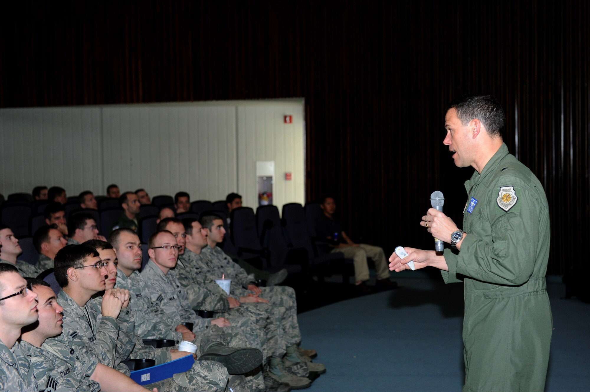 U.S. Air Force Brig. Gen. Matt Molloy, 18th Wing commander, talks with more than 250 Airmen who are deployed to Kadena from the 1st Fighter Wing, Joint Base Langley-Eustis, at the Keystone Theater Jan. 15, 2013. The general spoke to the Airmen who recently arrived about the importance of being "American ambassadors" while they are here and the positive role they can have in the local community. (U.S. Air Force photo/Airman 1st Class Hailey R. Davis)