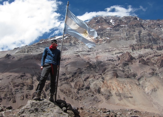 Capt. Colin Merrin, member of the USAF 7 Summits Challenge team, stands at Aconcagua base camp located in the Andes mountain range in Argentina.  His trek up Aconcagua helped prepare him for his upcoming goal to climb Mount Everest.  (U.S. Air Force Photo/Capt. Colin Merrin)