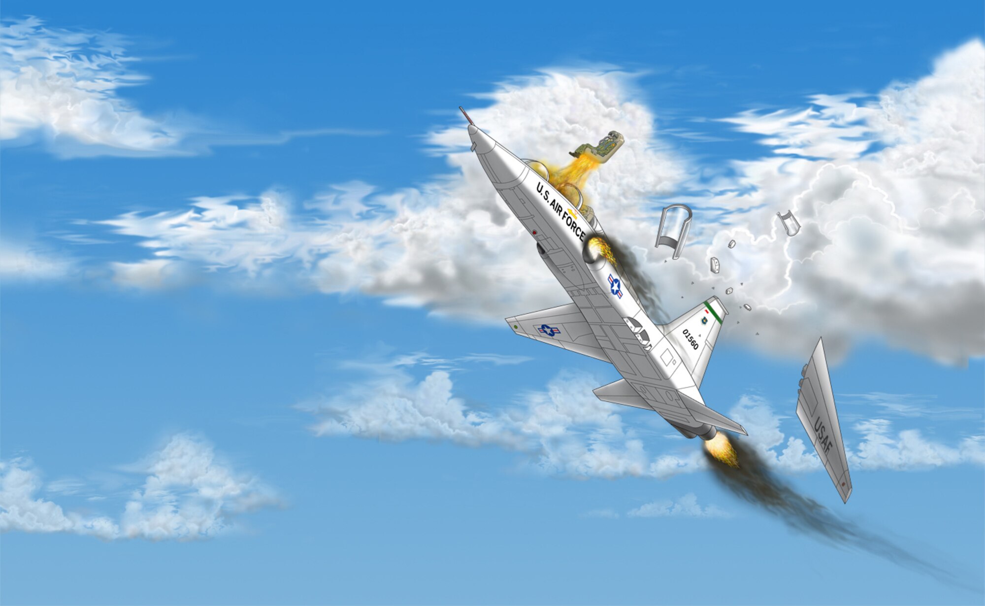 Two survivors talk about how they miraculously walked away from near certain death when the wing of their T-38 Talon fell off during an acrobatic training maneuver. (Illustration by Sammie W. King)