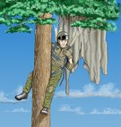 “I looked up, saw the parachute, and that was a wonderful feeling. Then I looked out, and I was already below the treetops.” He slammed into a stand of pine trees not far from where the jet crashed. (Illustration by Sammie W. King)