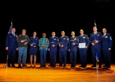 Colonel Al Miller, 437th Airlift Wing vice commander (left), and Chief Master Sgt. Larry Williams, 437th AW command chief (right), congratulate the 437th Airlift Wing Fourth Quarter Award Winners after a ceremony Jan. 11, 2013, at Joint Base Charleston – Air Base, S.C. (Left to right) Arthur Cormier, 437th Aerial Port Squadron, Senior Airman Leslie Carey, 437th Maintenance Squadron, Betty Brisbon, 437th Aerial Port Squadron, Staff Sgt. James Sweet, 437th Operations Support Squadron, Tech. Sgt. Marcus Parker, 437th Maintenance Operations Squadron, Senior Master Sgt. Donald Sturm, 437th Aircraft Maintenance Squadron, Tech. Sgt. David Warner, 437th Maintenance Group, 2nd Lt. Daniel Musleve, 437th APS. Not pictured is Capt. Coningsby Burdon,16th Airlift Squadron. The winners were nominated for creating a process which would include better coverage of maintenance support activities, increase quality of life, even the workload for all shifts and create more reliable work schedules for maintenance workers. (U.S. Air Force photo/Staff Sgt. Rasheen Douglas) 
