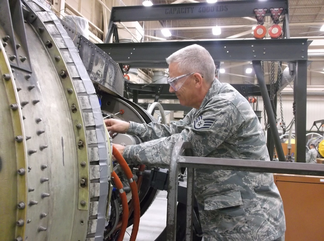 Staff Sgt. Kyle Langston, stationed at the 176th Maintenance Squadron at Joint Base Elmendorf-Richardson, Alaska, works on a training problem during the TF-34 aerospace propulsion apprentice course at Sheppard Air Force Base, Texas Jan. 14, 2013.  Langston was named the ACE award winner and top graduate of his class during a graduation ceremony Jan. 15. (U.S. Air Force courtesy photo)