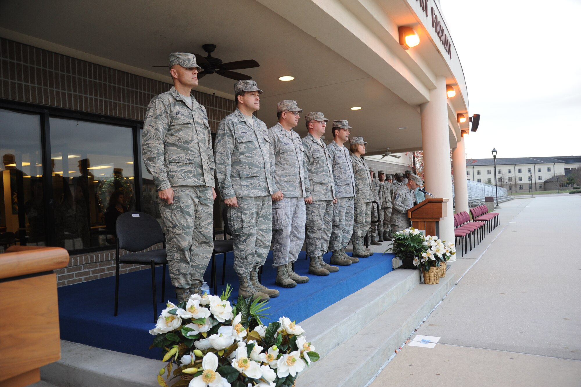 Brig. Gen. Brad Spacy, 81st Training Wing commander, and Chief Master Sgt. Angelica Johnson, 81st TRW command chief, join members of the Installation Excellence Selection Board at an 81st Training Group drill down demonstration by the 335th Training Squadron Jan. 11, 2013, at the Levitow Training Support Facility, Keesler Air Force Base, Miss. The IESB visited the two finalist bases to evaluate how well the base improved work environments, quality of life and increased customer satisfaction to determine the winner of the Commander-in-Chief's Annual Award for Installation Excellence.  The first-place base wins $1 million towards quality of life initiatives while the second-place base earns $500,000.  (U.S. Air Force photo by Kemberly Groue)
