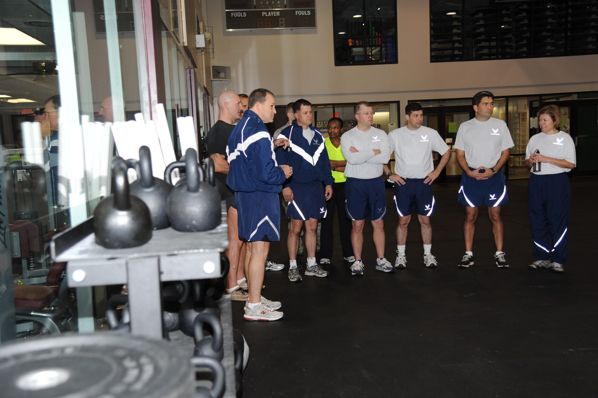 Installation Excellence Selection Board members and 81st Training Wing base leadership attend a work out at the Warfighter Fitness Court Jan. 11, 2013, at the Dragon Fitness Center, Keesler Air Force Base, Miss.  The IESB visited the two finalist bases to evaluate how well the base improved work environments, quality of life and increased customer satisfaction to determine the winner of the Commander-in-Chief's Annual Award for Installation Excellence.  The first-place base wins $1 million towards quality of life initiatives while the second-place base earns $500,000.  (U.S. Air Force photo by Kemberly Groue)