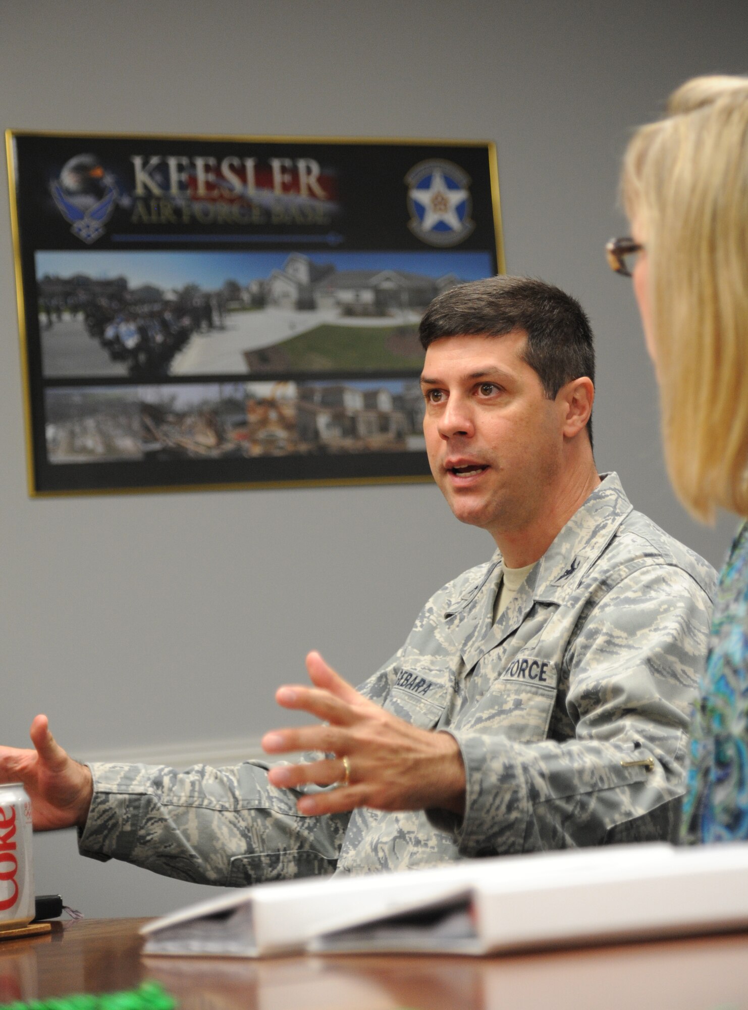 Col. Andrew Gebara, Installation Excellence Selection Board member, has a discussion with members of the Inspector General’s office Jan. 10, 2013, at Wing headquarters, Keesler Air Force Base, Miss.   Keesler showed the board members various examples of team problem solving, unit cohesiveness and enhanced productivity throughout their two-day visit.  Keesler is one of the top two bases competing for the Commander-in-Chief's Annual Award for Installation Excellence, with a $1 million top prize for quality of life initiatives.  (U.S. Air Force photo by Kemberly Groue)