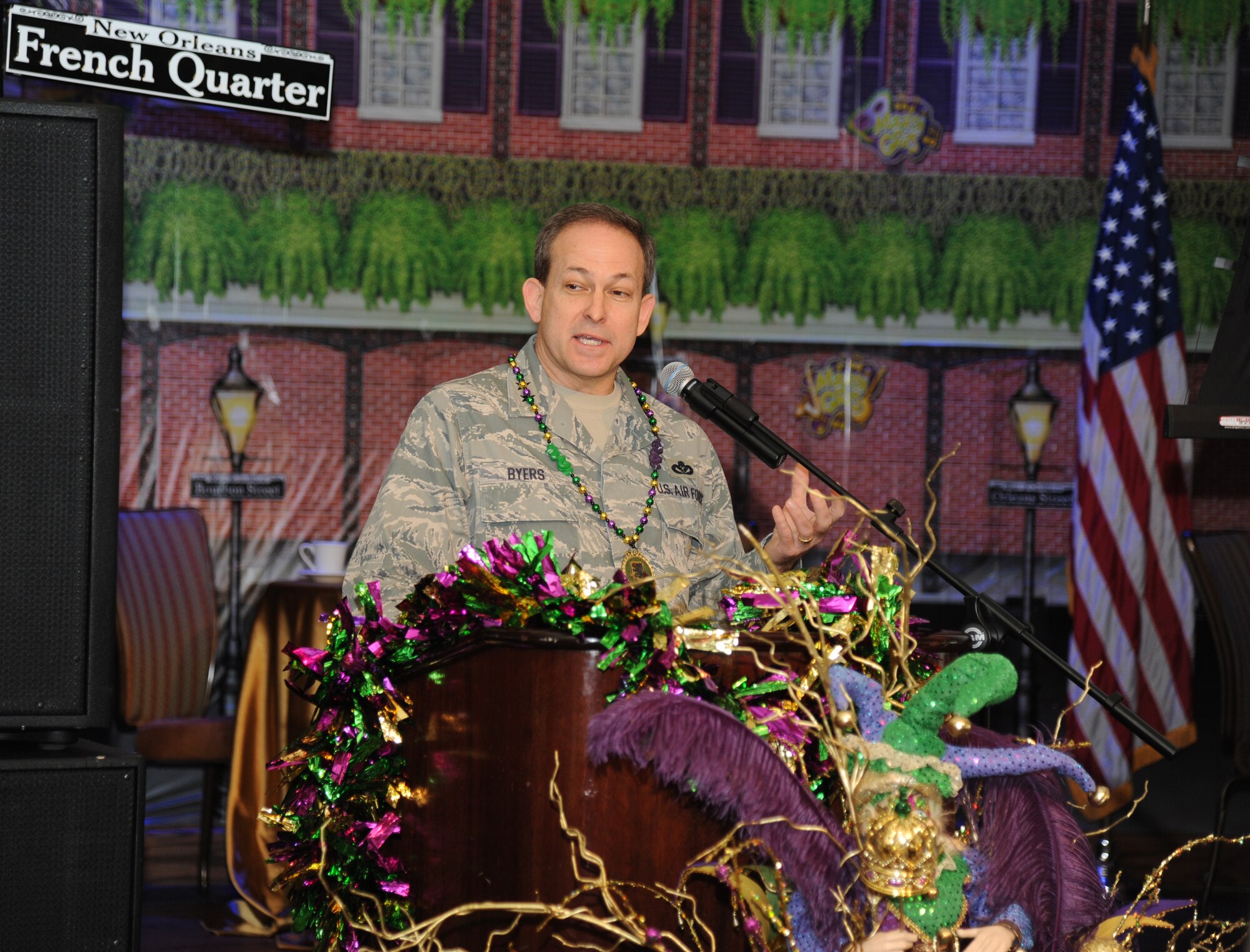 Maj. Gen. Timothy Byers, the Air Force Civil Engineer and Installation Excellence Selection Board member, speaks at the Mardi Gras-themed kickoff breakfast Jan. 10, 2013, at the Bay Breeze Event Center, Keesler Air Force Base, Miss.  Keesler is one of the top two bases competing for the Commander-in-Chief's Annual Award for Installation Excellence, with a $1 million top prize for quality of life initiatives.   (U.S. Air Force photo by Kemberly Groue)