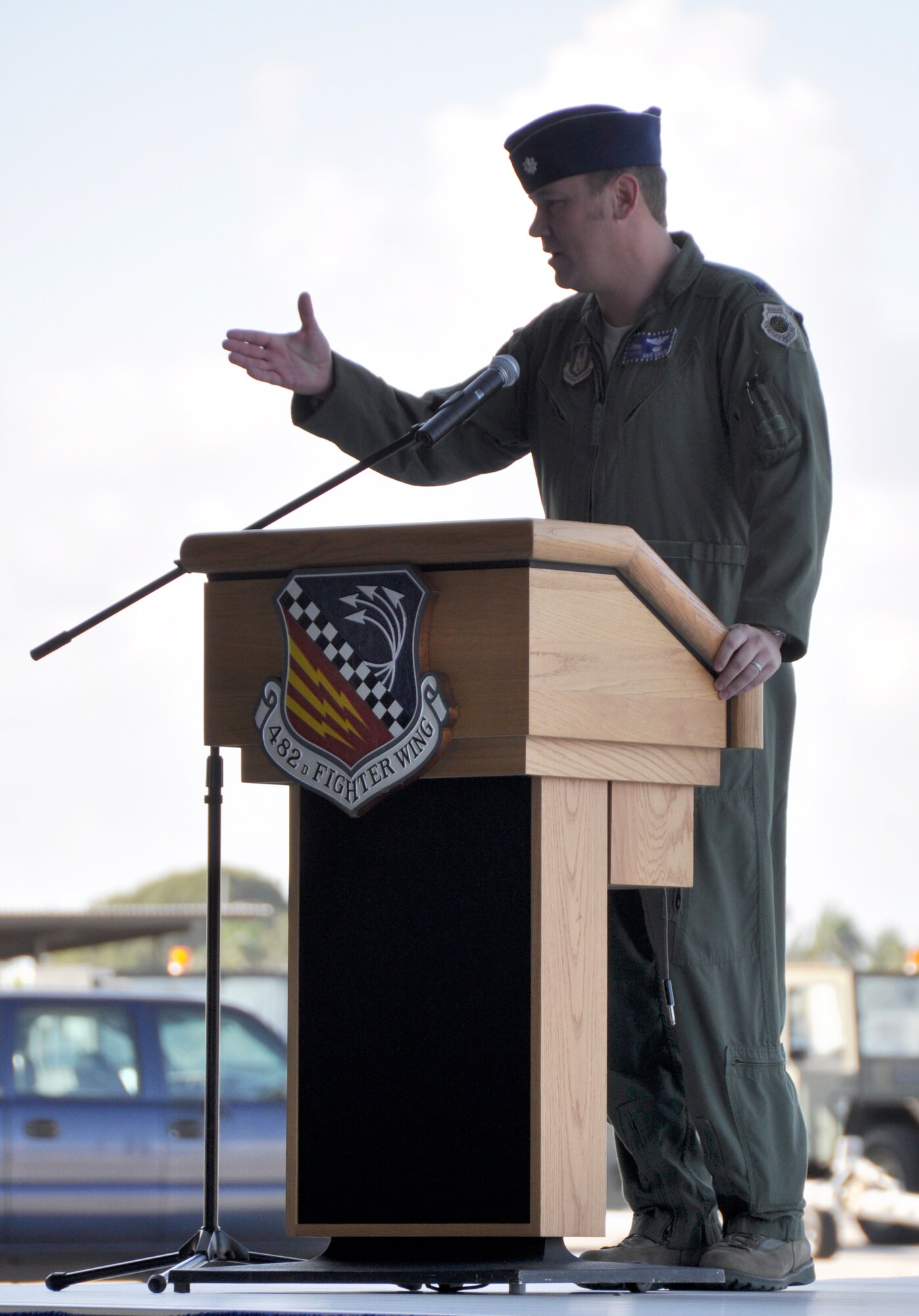 Lt. Col. David Sundlov, the new commander of the 93rd Fighter Squadron, addresses the audience during a change-of-command ceremony at Homestead Air Reserve Base, Fla., Jan. 12. As the commander of the 93rd FS, Sundlov will lead a fully combat-ready unit capable of providing F-16C multi-purpose fighter aircraft, along with mission ready pilots and support personnel, for short-notice worldwide deployment.