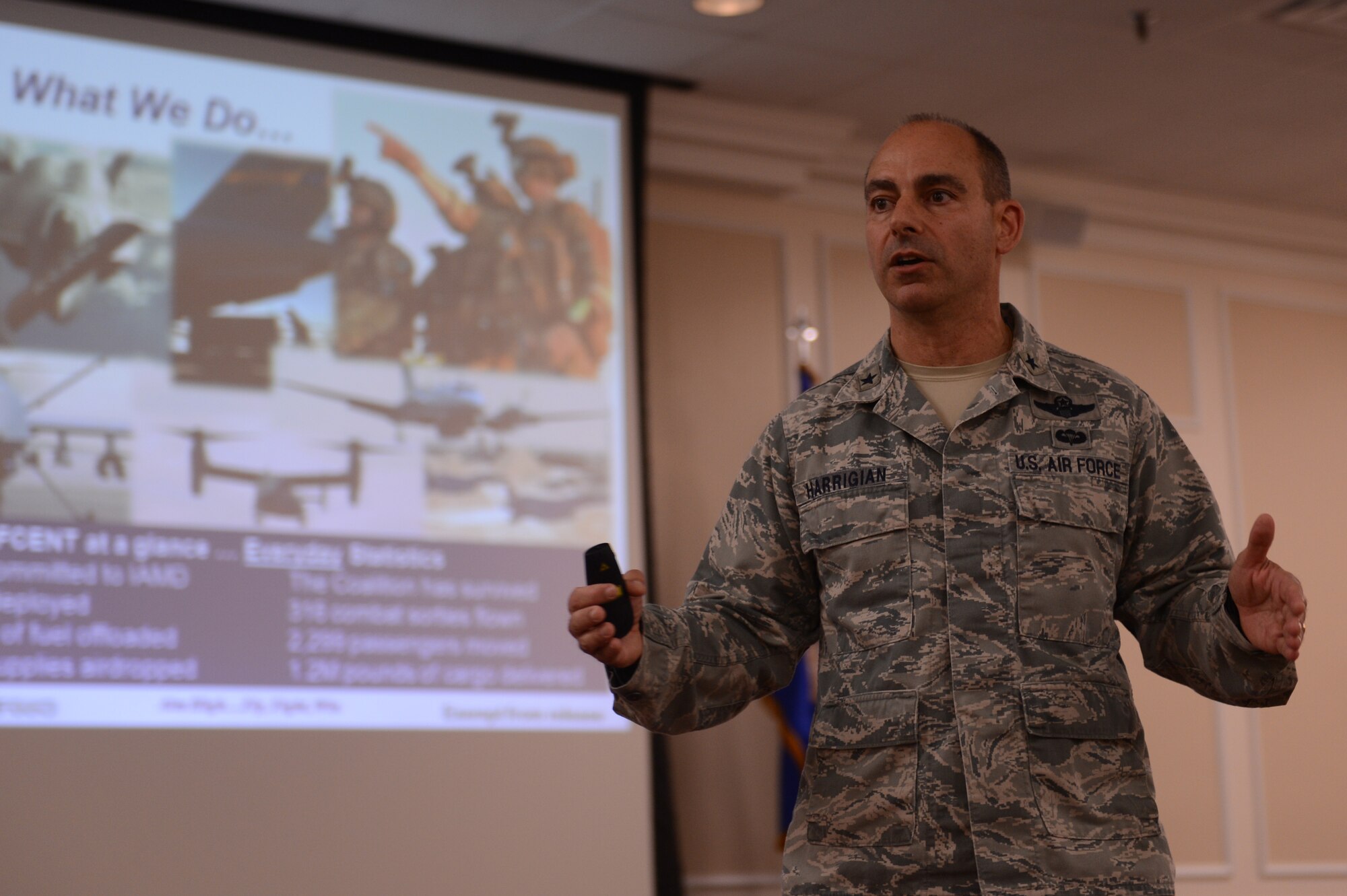 Brig. Gen. Jeffrey Harrigian, Air Forces Central Command assistant deputy commander, speaks to Chambers of Commerce representatives from across South Carolina about AFCENT, its mission and the assets under its command during the representatives’ visit to Shaw Air Force Base, S.C., Jan. 8, 2013. The 44 representatives were also briefed on the 20th Fighter Wing’s, U.S. Army Central Command’s and 9th Air Force’s mission. (U.S. Air Force photo by Airman First Class Krystal M. Jeffers/Released)