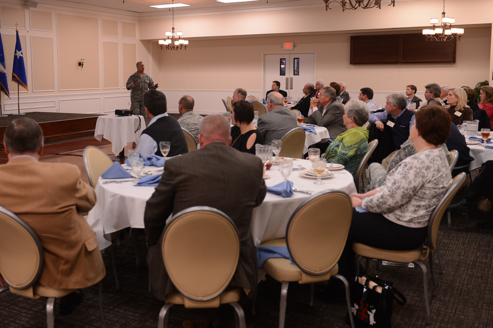 Maj. Gen. Lawrence Wells, 9th Air Force commander, briefs Chambers of Commerce representatives from across South Carolina on the different assets under 9th AF’s command and how they are used to accomplish the 9th AF’s mission at Shaw Air Force Base, S.C., Jan. 8, 2013. The 44 representatives also received briefings from U.S. Army Central Command, U.S. Air Forces Central Command and the 20th Fighter Wing. (U.S. Air Force photo by Airman First Class Krystal M. Jeffers/Released)