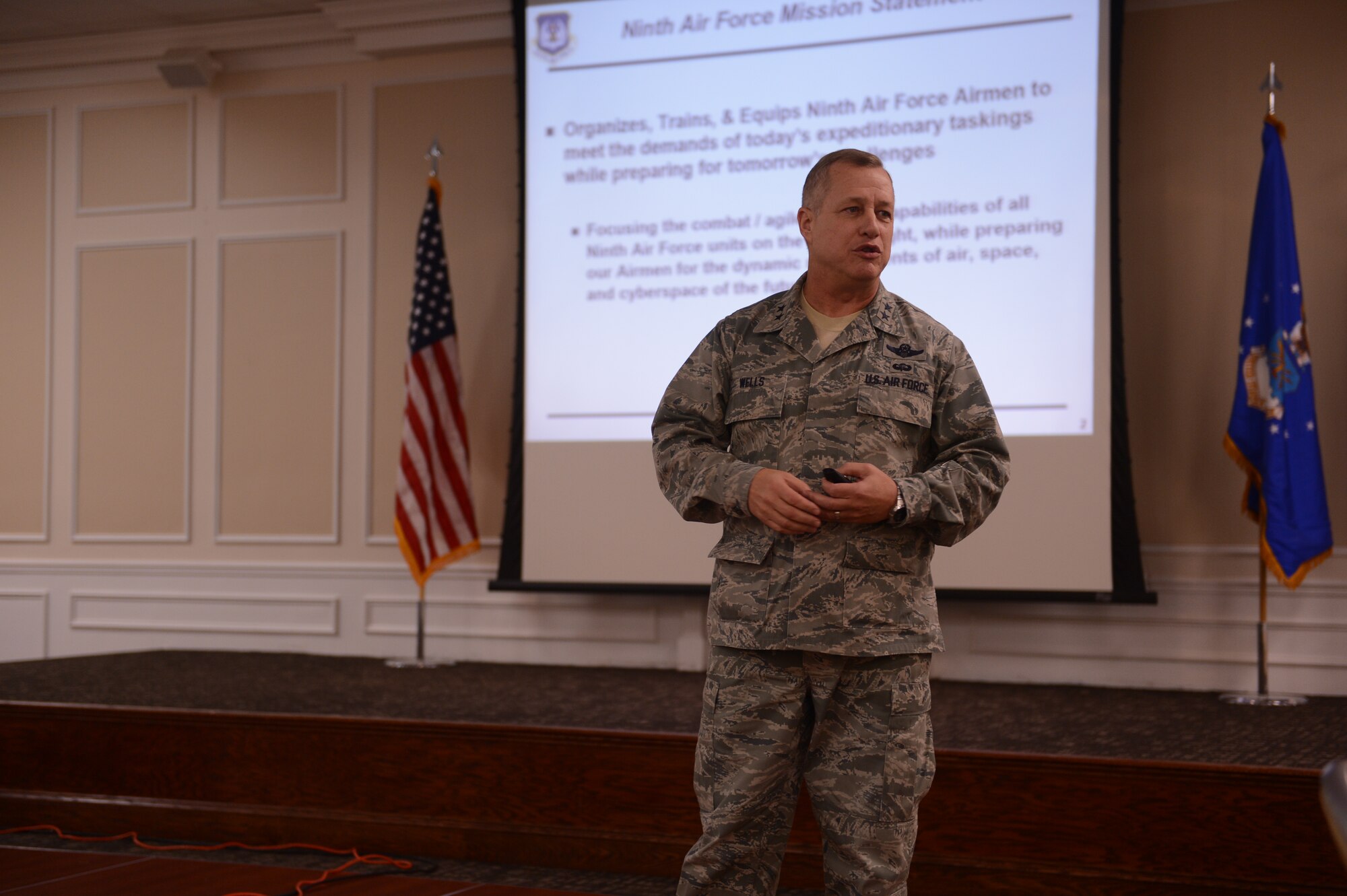 Maj. Gen. Lawrence Wells, 9th Air Force commander, briefs Chambers of Commerce representatives from across South Carolina on the 9th Air Force’s mission at Shaw Air Force Base, S.C., Jan. 8, 2013. The 44 representatives toured the F-16 Fighter Squadrons and spoke to Lt. Gen. Vincent Brooks, 3rd Army/ARCENT commanding general, and Col. Clay Hall, 20th Fighter Wing commander about their different missions. (U.S. Air Force photo by Airman First Class Krystal M. Jeffers/Released)