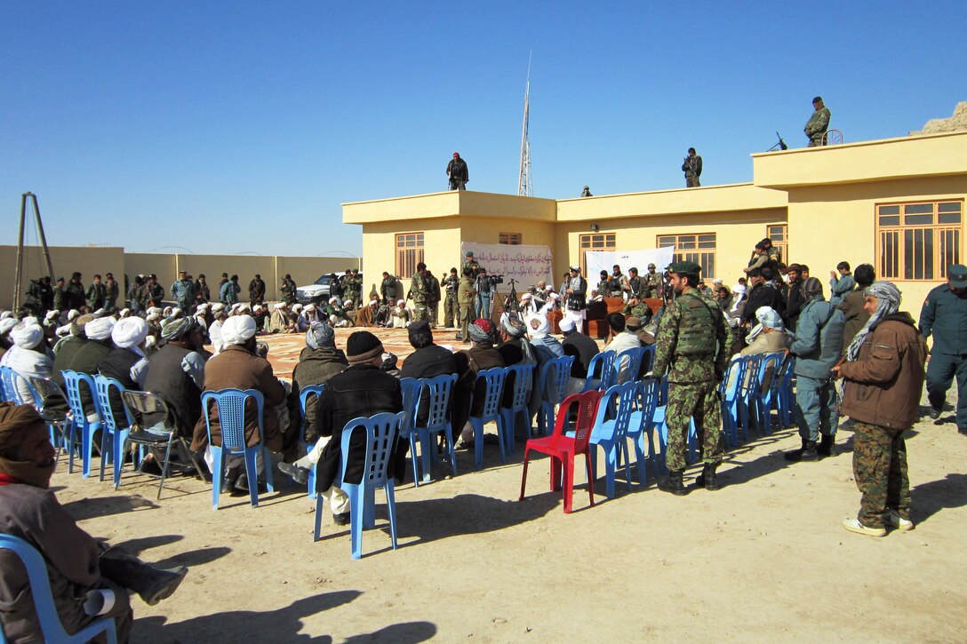 Farah provincial and district leaders participate in a shura at the Bala Boluk district center in Afghanistan's Farah province, Jan. 15, 2013.